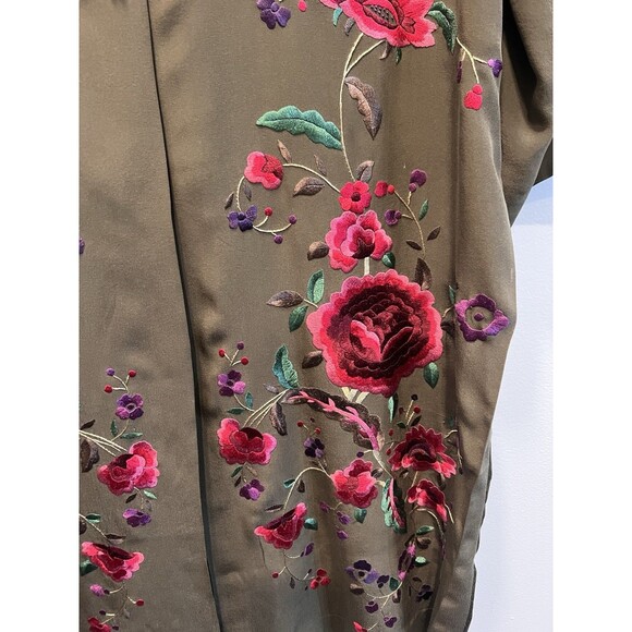 Sue Wong 100% Silk Olive Green Embroidered Flowers Kimono Duster Tunic Lined - Picture 3 of 13